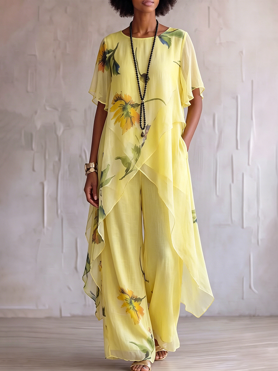 Elegant Artistic Sunflower Print Two-piece Set