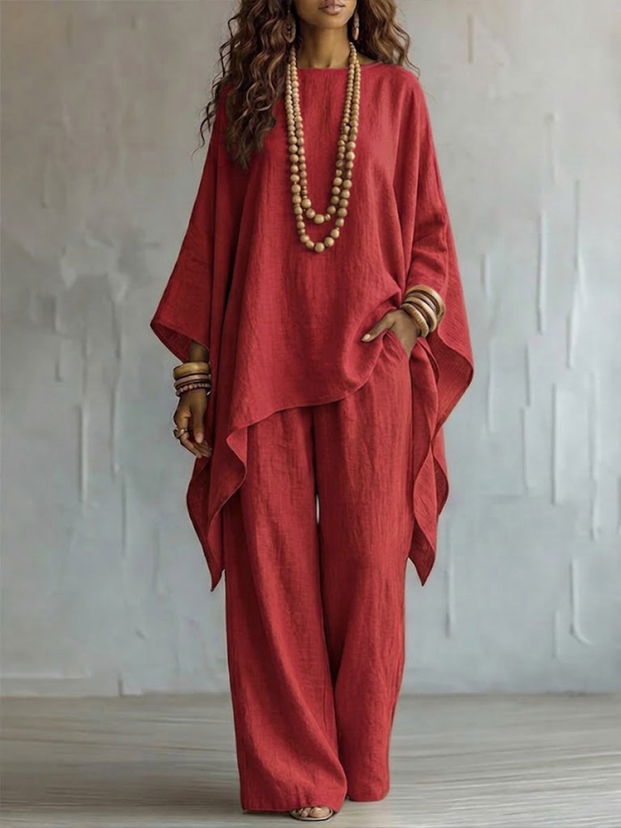 Loose-fit Casual Cotton-linen Blend Top And Trousers Two-piece Set
