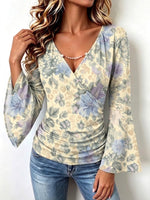 Boho-style Vintage Floral Stretchy Casual Shirt With Bell Sleeves