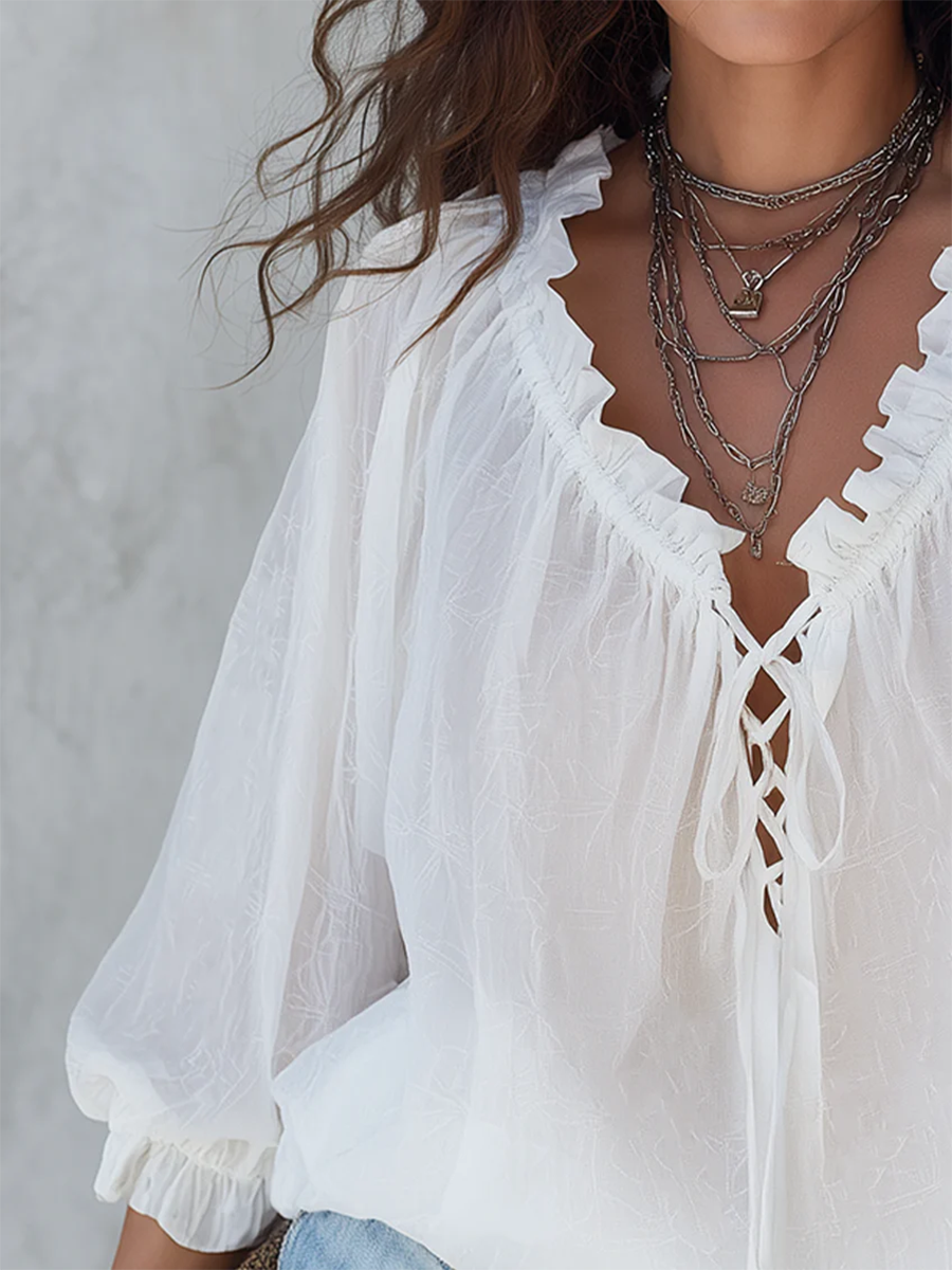 Retro Ruffled V-neck Tie-front Blouse