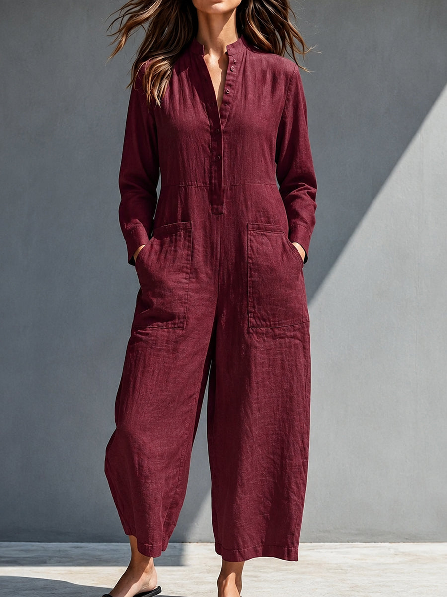 Casual Linen-cotton Button-front Jumpsuit