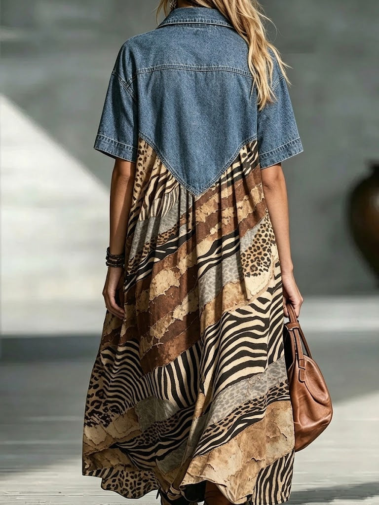 Loose, Mid-length Dress With A Denim Collar And Retro Animal Print Paneling