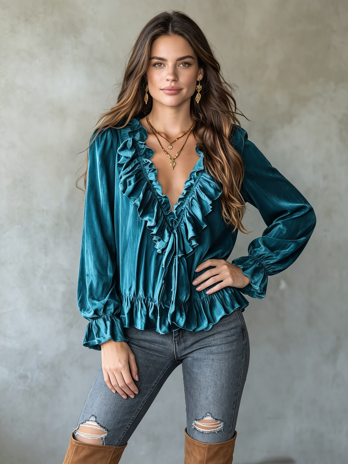 Bohemian Ruffled V-neck Velvet Shirt
