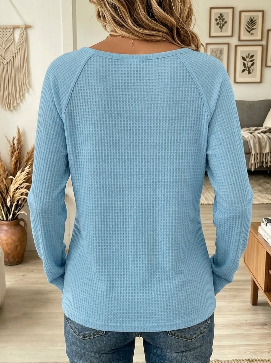 Waffle Knit Henley Long Sleeve Casual Tunic Top