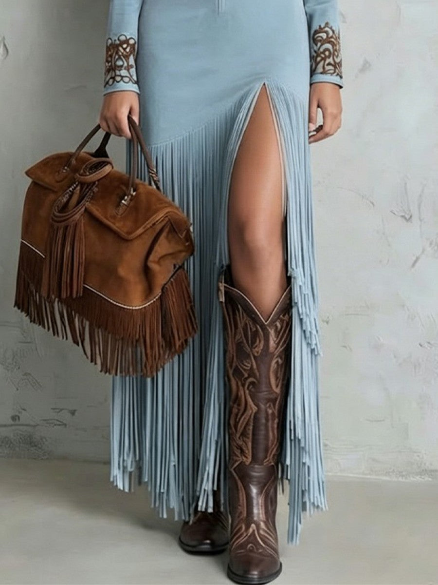 Vintage-style Floral Zip-front Dress With Tassels And Ethnic-inspired Details