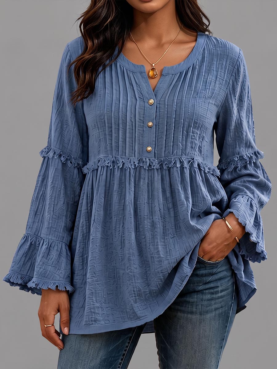 Women's Solid Color V-neck Long Sleeve Casual Loose Pleated Cotton Linen Top