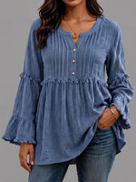 Women's Solid Color V-neck Long Sleeve Casual Loose Pleated Cotton Linen Top