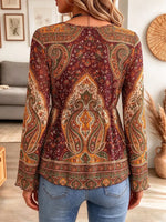Retro Ethnic Floral Pattern Art Print Casual Stylish Long Sleeve Mesh V Collar Shirt