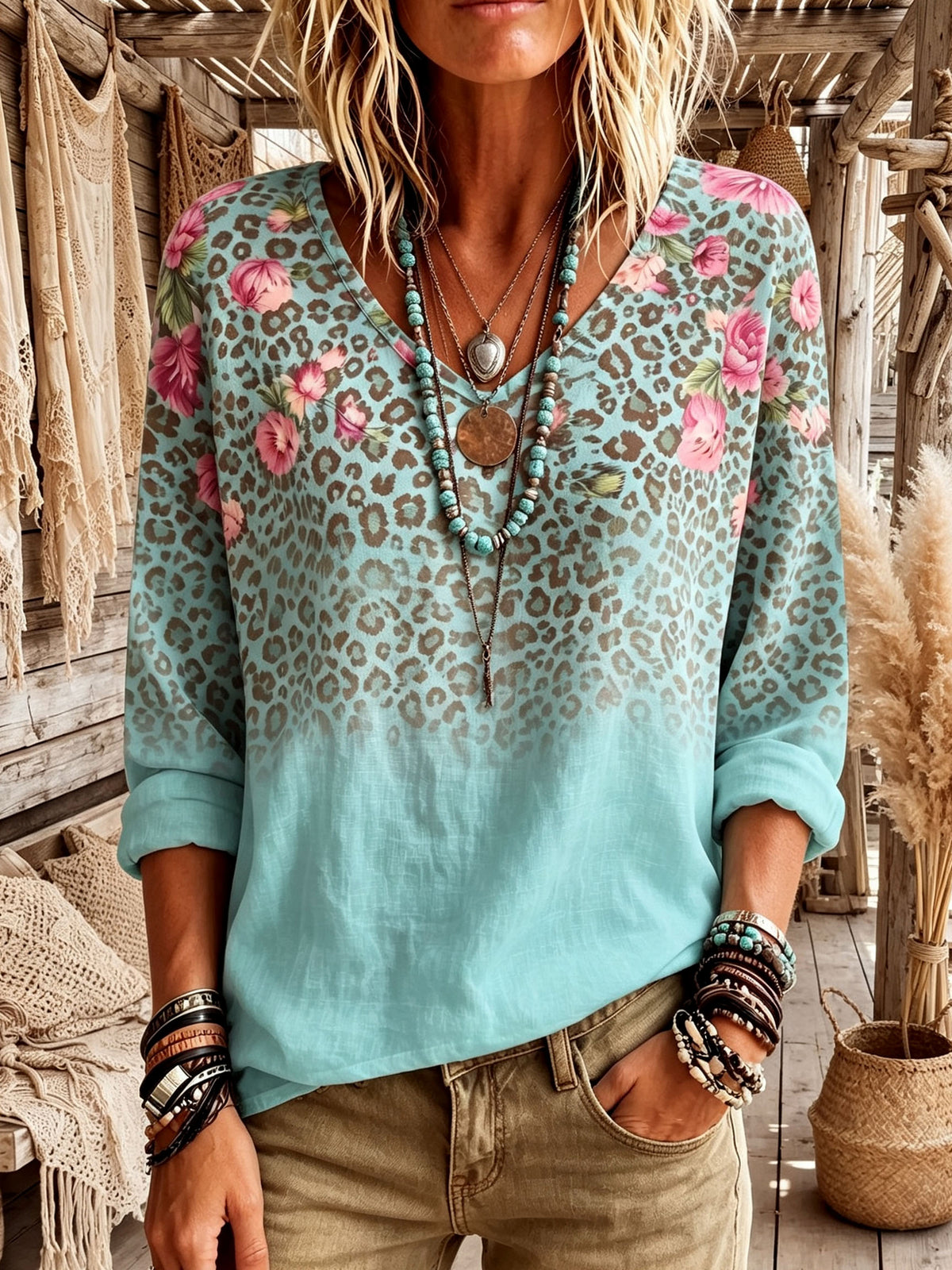 Boho Floral Leopard V-neck Top