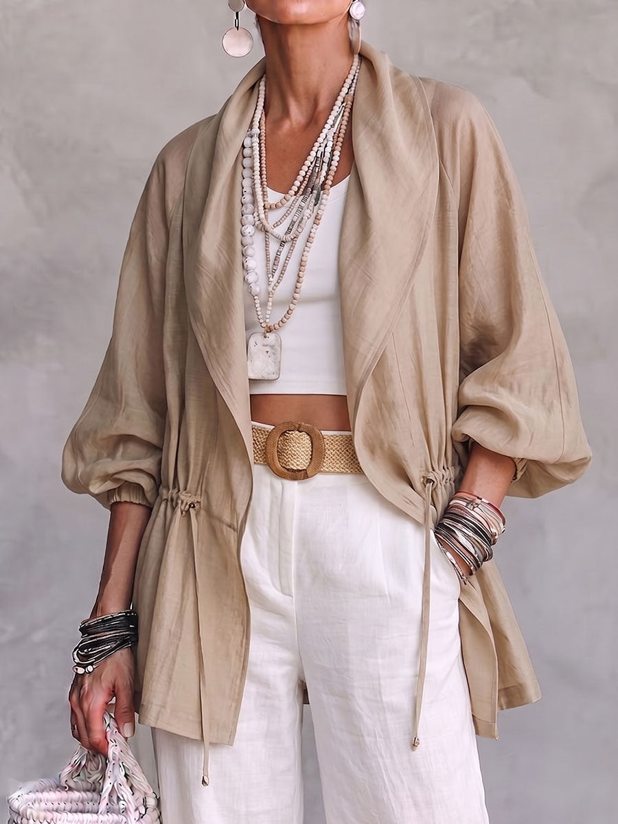 Women's Solid Color Large Lapel 3/4 Sleeve Casual Loose Drawstring Cotton And Linen Cardigan