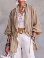 Women's Solid Color Large Lapel 3/4 Sleeve Casual Loose Drawstring Cotton And Linen Cardigan