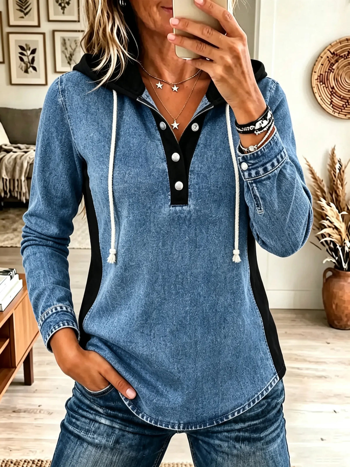 Women's Colorblock Button Henley Hooded Denim Top