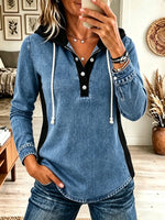 Women's Colorblock Button Henley Hooded Denim Top