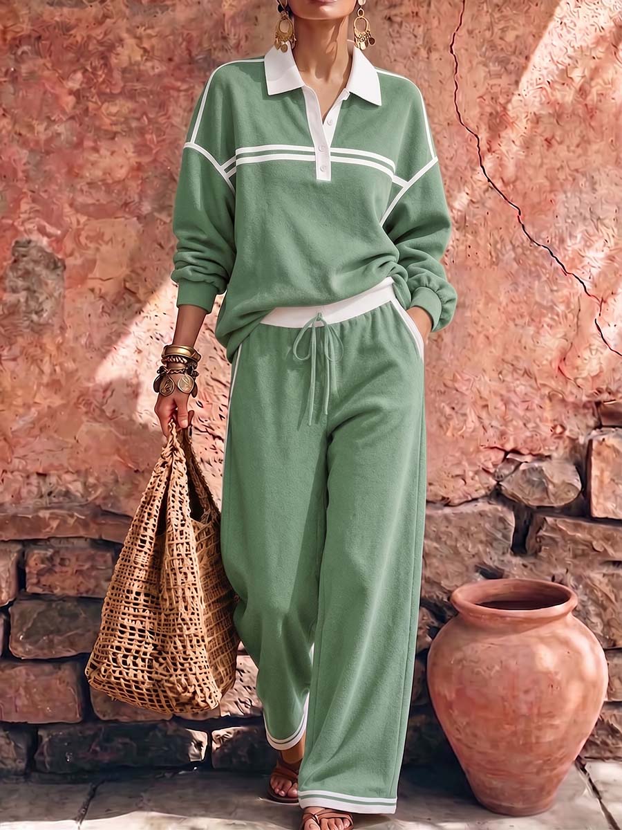 Women's Collared Long-sleeved Casual Loose Pullover Top And High-waisted Wide-leg Pants Suit
