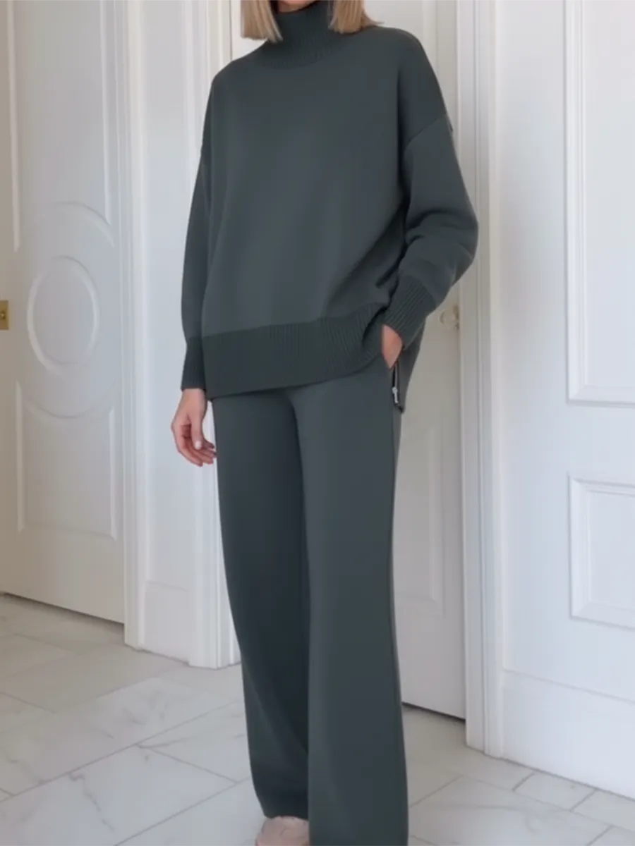 Casual Travel Stand Collar Side Zipper Top Straight Pants Two-Piece Set