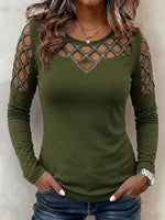 Round Neck Chest Diamond Rhinestone Cutout Long Sleeve Top