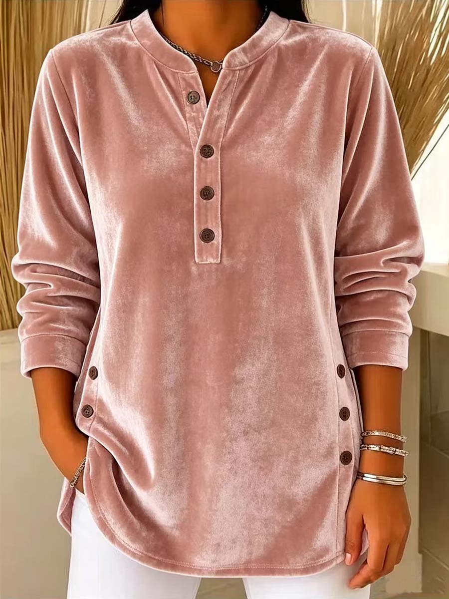 Women's Solid Color Henley Collar Long-sleeved Casual Loose Velvet Top