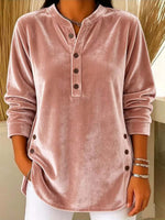 Women's Solid Color Henley Collar Long-sleeved Casual Loose Velvet Top