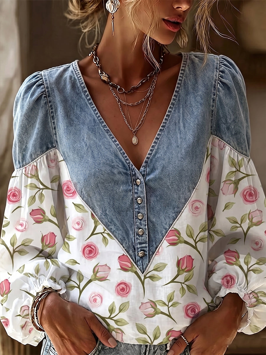 Vintage Denim Spliced Romantic Rose Puff-Sleeve Top