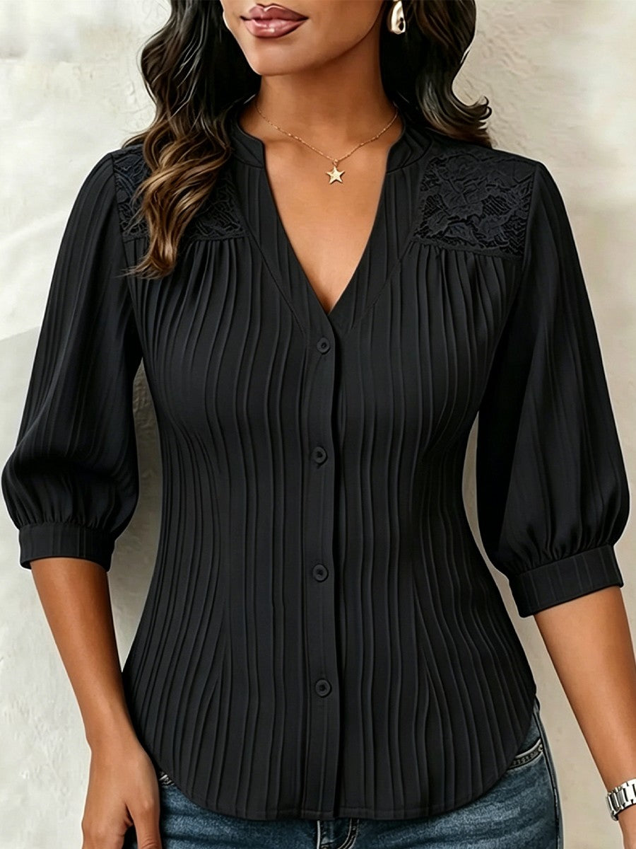 Lace-paneled V-neck Blouse Featuring Vertical Pleats, A Fitted Waist, And Puff Three-quarter Sleeves
