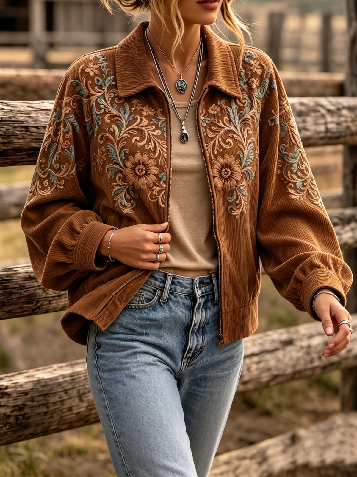 Boho Western Floral Print Corduroy Zip-up Jacket