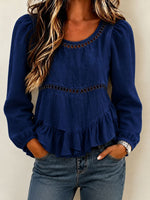 Romantic Linen-Blend Peplum Blouse – Cut-Out Trim & Ruffled Hem