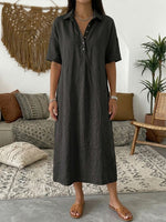 Casual Polo Collar Linen And Cotton Short-sleeved Dress