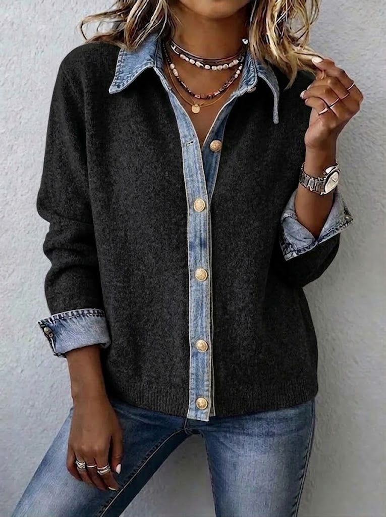 Casual Color-block Denim And Knit Cardigan