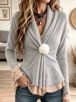 Women's Faux 2 Piece Layered Knit Top Wrap V Neck Knit Sweater
