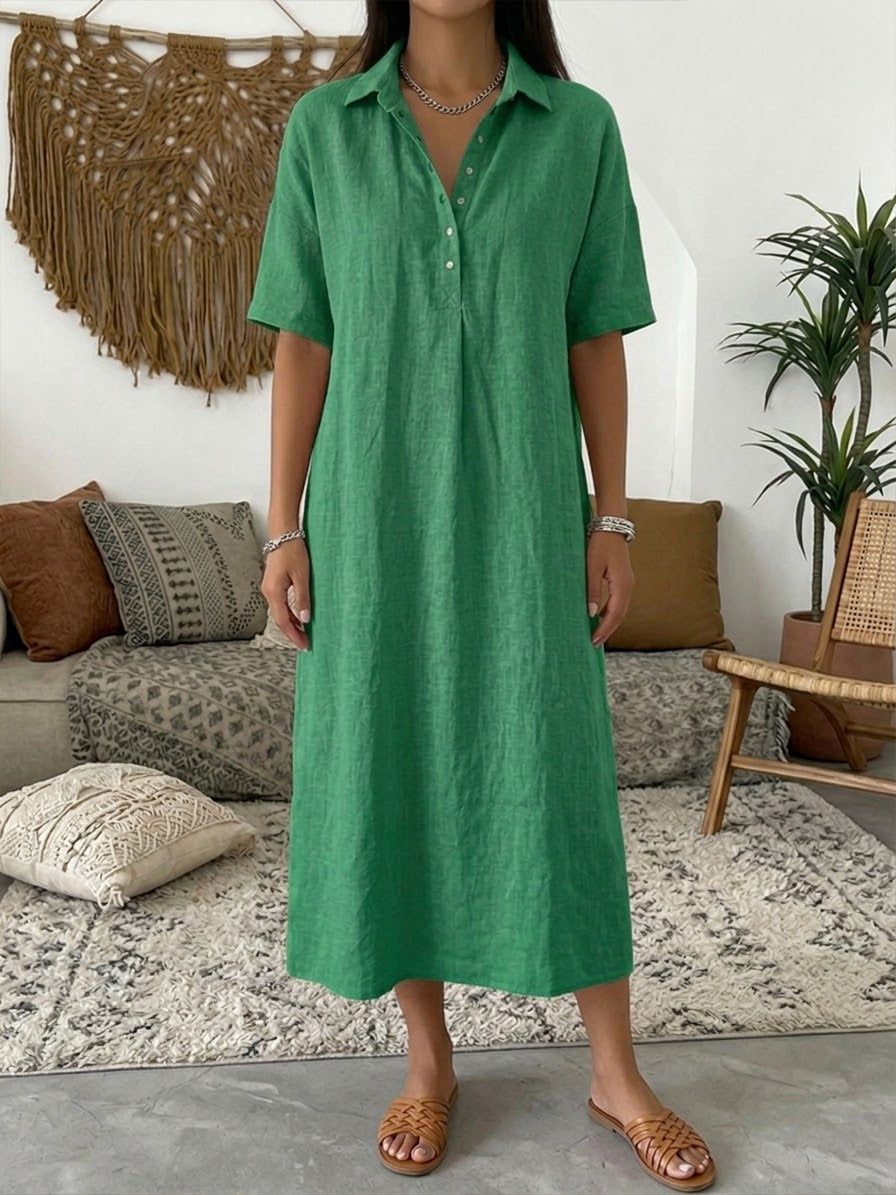 Casual Polo Collar Linen And Cotton Short-sleeved Dress