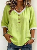 Lace Trim V-neck Half Placket Wooden Button Loose 3/4 Sleeve Linen Blend Top