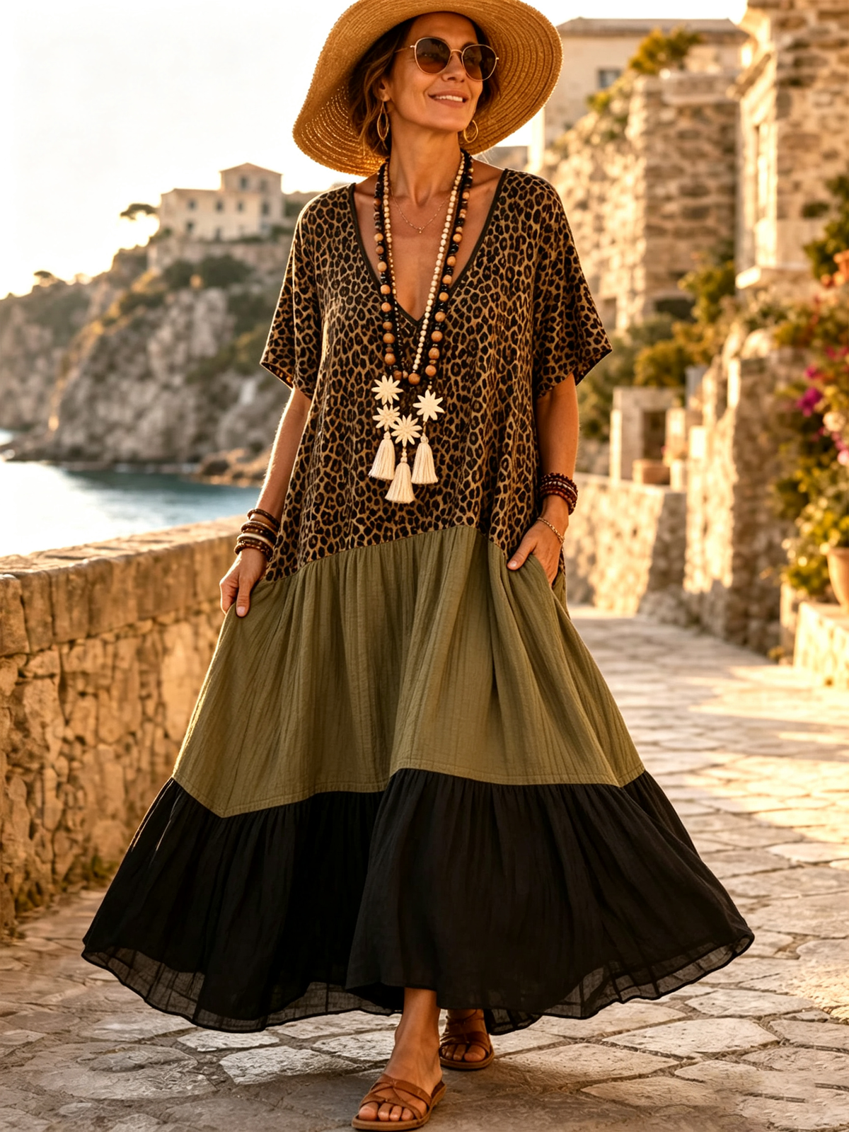 Bohemian Leopard Color-block Cotton Maxi Dress