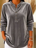 Women's Solid Color Henley Collar Long-sleeved Casual Loose Velvet Top