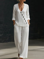 Minimalist V-neck Shirt And Wide-leg Pants Two-piece Set
