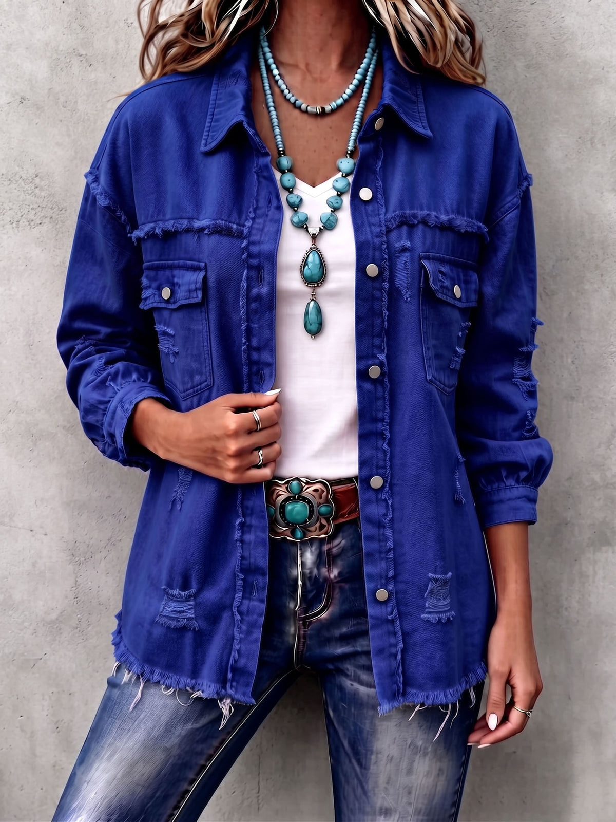 Casual Distressed Raw Edge Denim Jacket