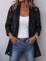 Women's Solid Color Shawl Collar Long-sleeved Casual Loose Lace Embroidered Cardigan