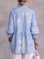 Women's Abstract Leaf Print Casual Loose Cotton Linen Top