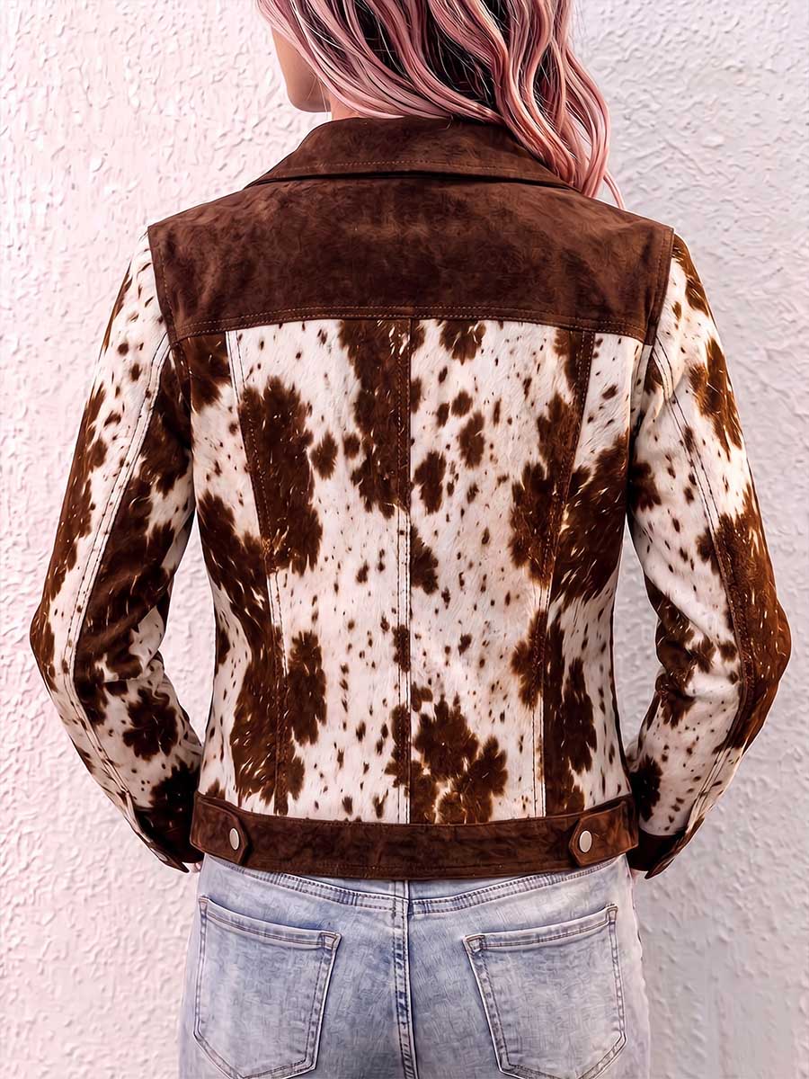 Women's Abstract Print Lapel Long Sleeve Casual Loose Faux Suede Cardigan