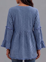 Women's Solid Color V-neck Long Sleeve Casual Loose Pleated Cotton Linen Top