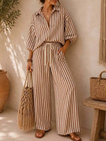 Women's Striped Print Casual Loose Top And High-waisted Wide-leg Pants Cotton Linen Set