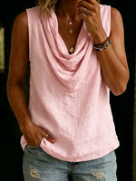 Women's Solid-color Sleeveless Cotton-linen Top With Swing Neckline