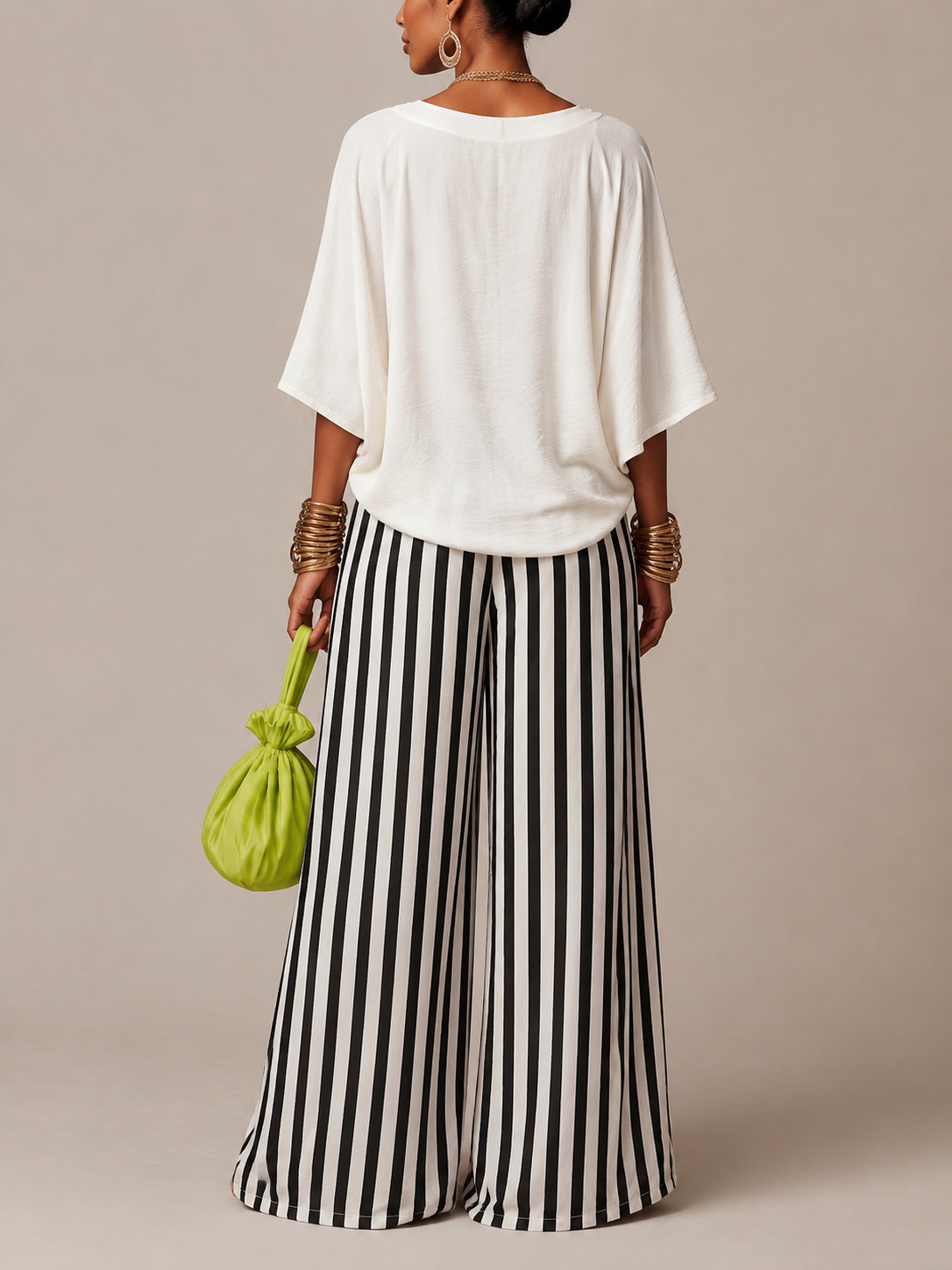 Cowl Neck Loose 3/4 Sleeve Top & Black White Vertical Stripe High Waist Wide Leg Pants Two Piece Set