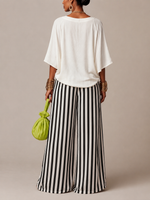 Cowl Neck Loose 3/4 Sleeve Top & Black White Vertical Stripe High Waist Wide Leg Pants Two Piece Set