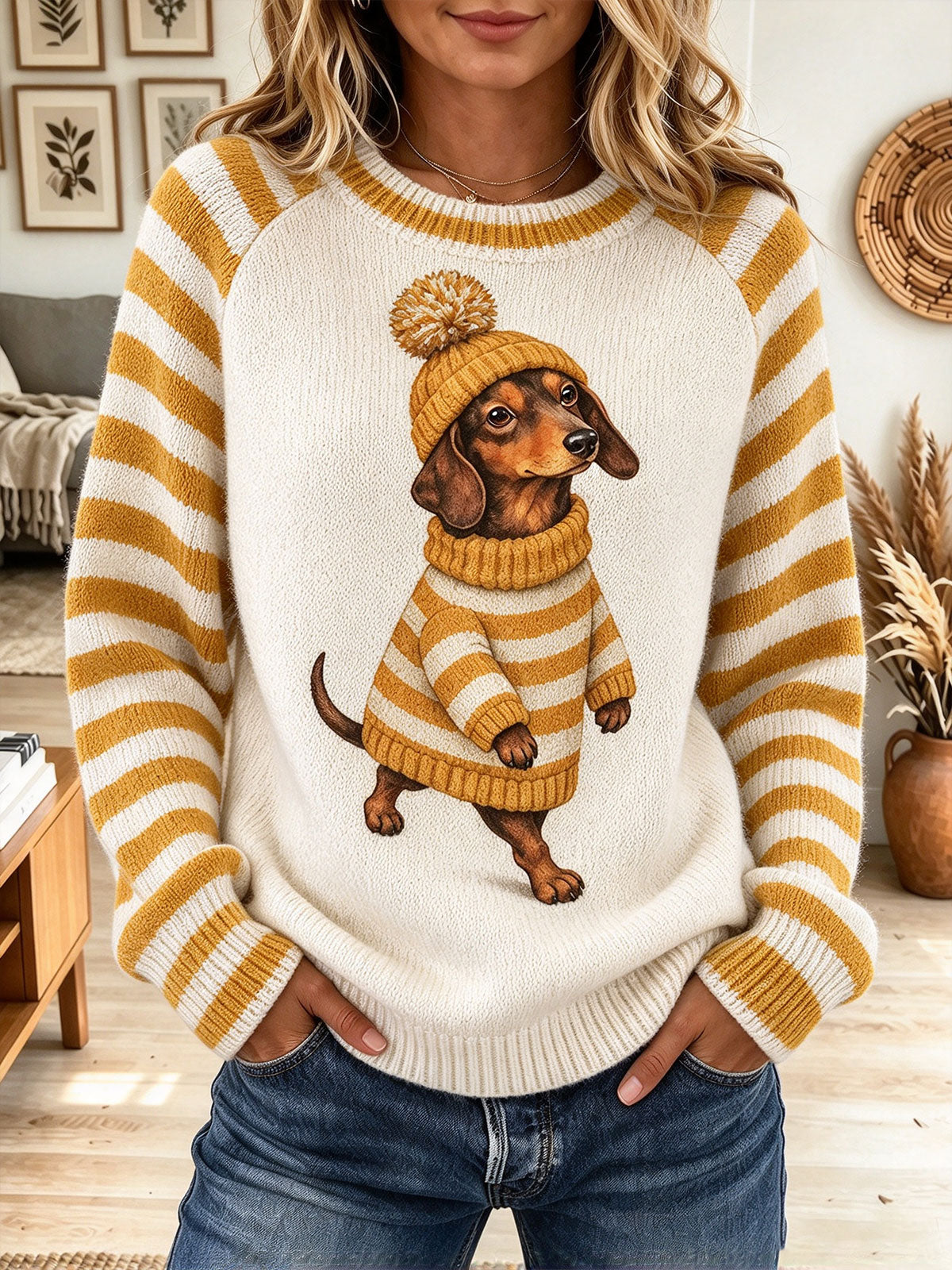Women Cute Dachshund Dog Print Striped Raglan Knit Sweater