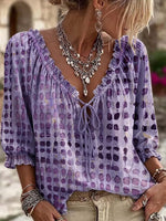 Comfortable Retro-style Polka-dot Print Cotton-blend Top With Ruffled V-neck