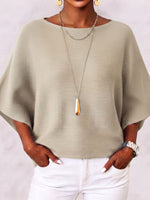 Elegant Boat Neck Batwing Sleeve Ribbed Knit Top