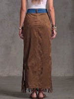 Women's High-waisted Casual Loose Denim Patchwork Faux Suede Fringe Midi Skirt