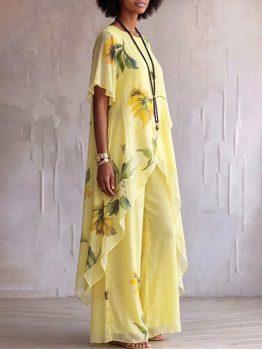 Elegant Artistic Sunflower Print Two-piece Set