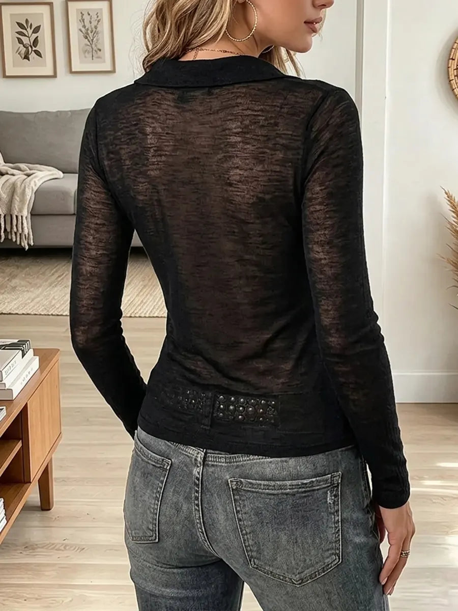 Vintage Elegant Patchwork Knit Fabric Sheer Shirt