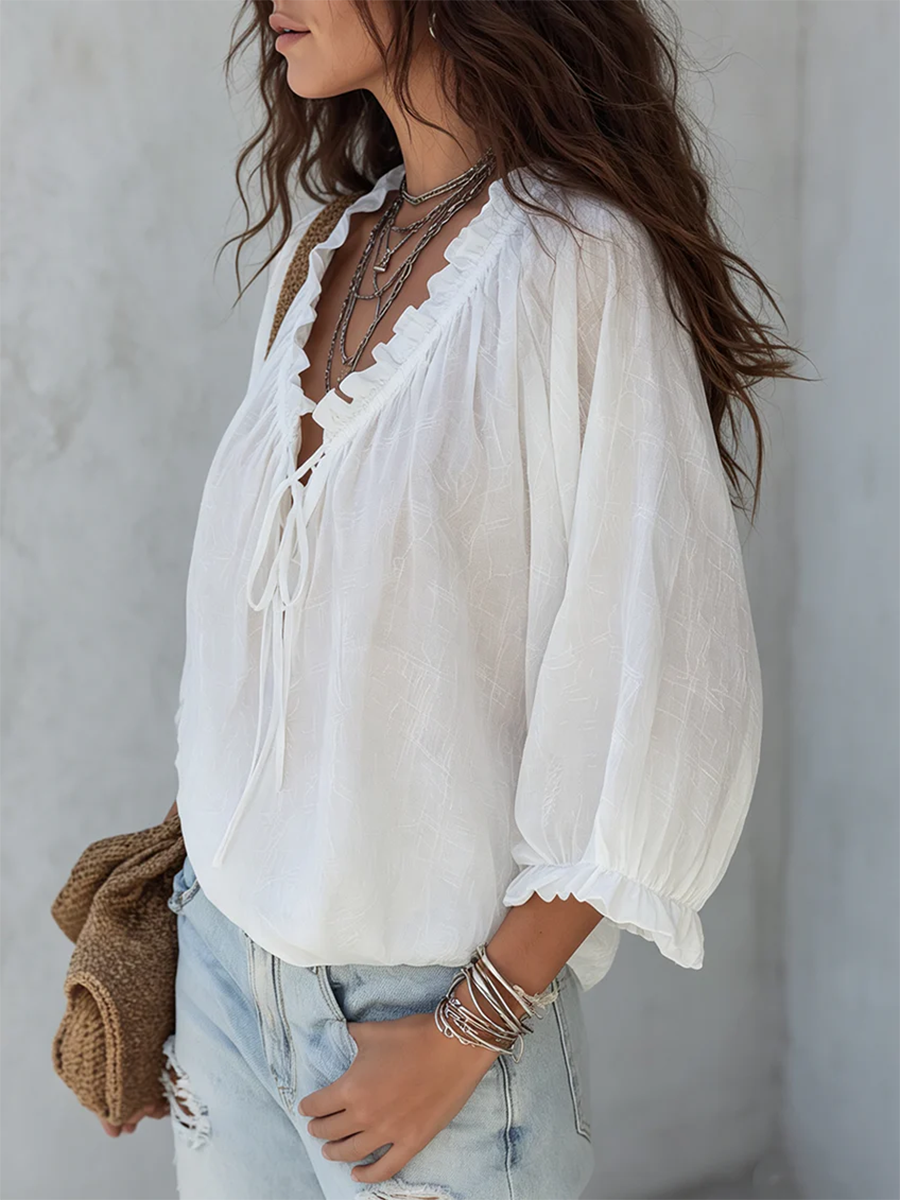 Retro Ruffled V-neck Tie-front Blouse